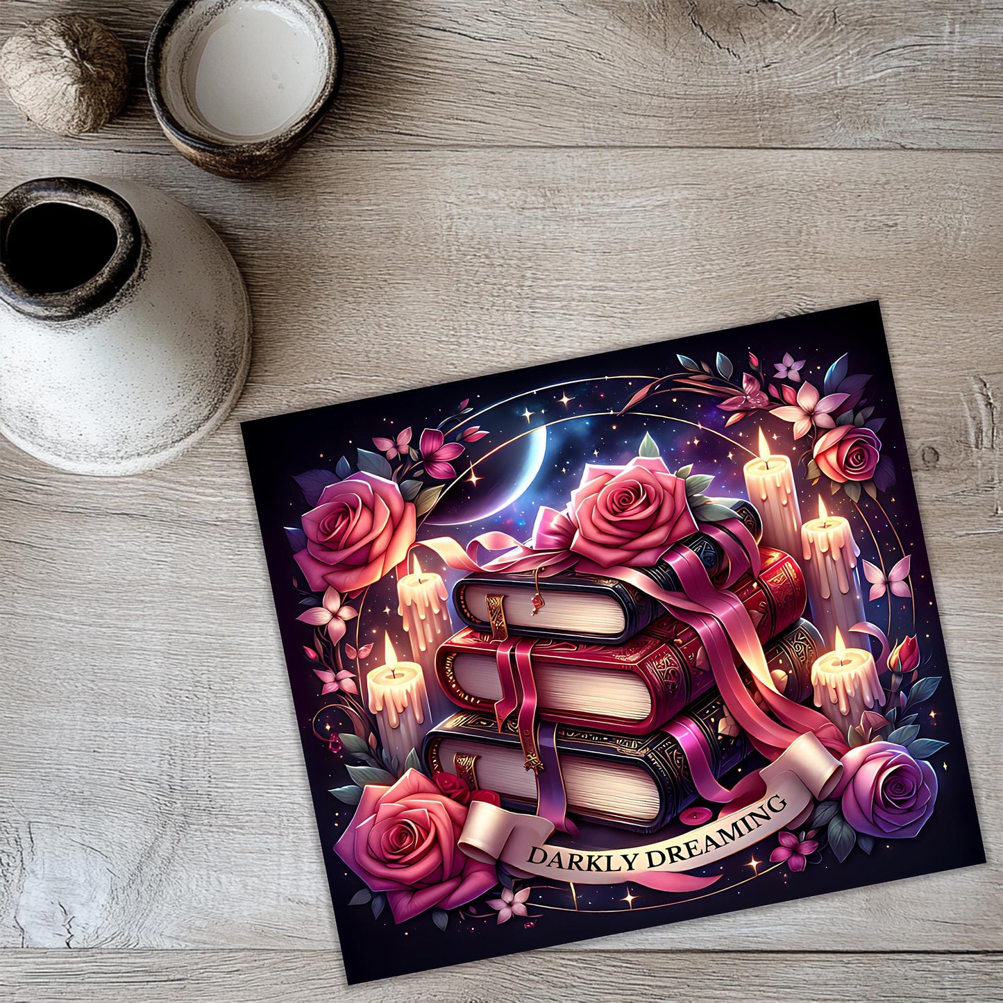 a card with a candle and roses on it
