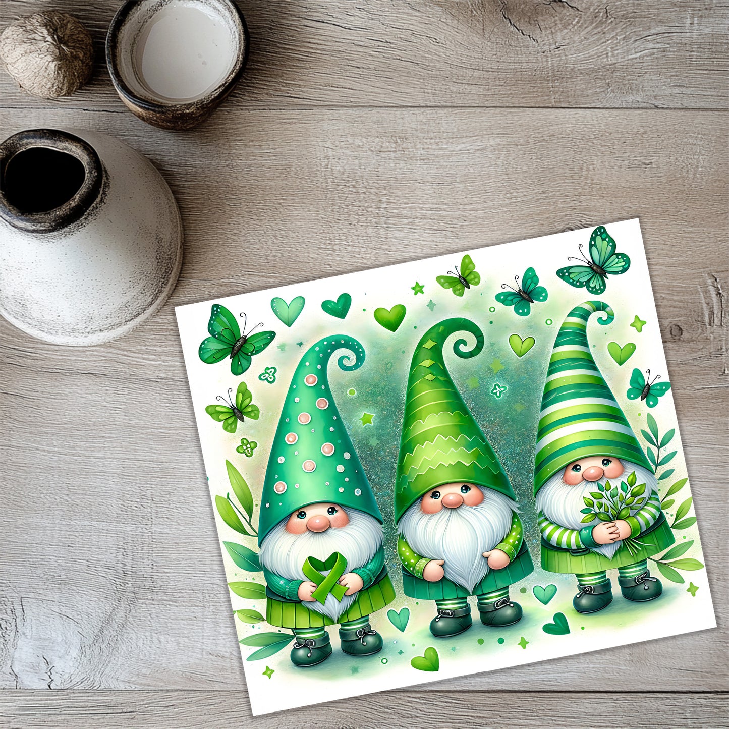 a painting of three gnomes with green hats