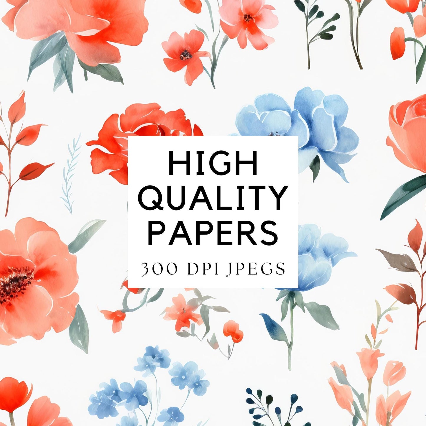 Vibrant Coral and Blue Floral Digital Papers