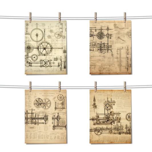 Vintage Technical Blueprint Digital Papers