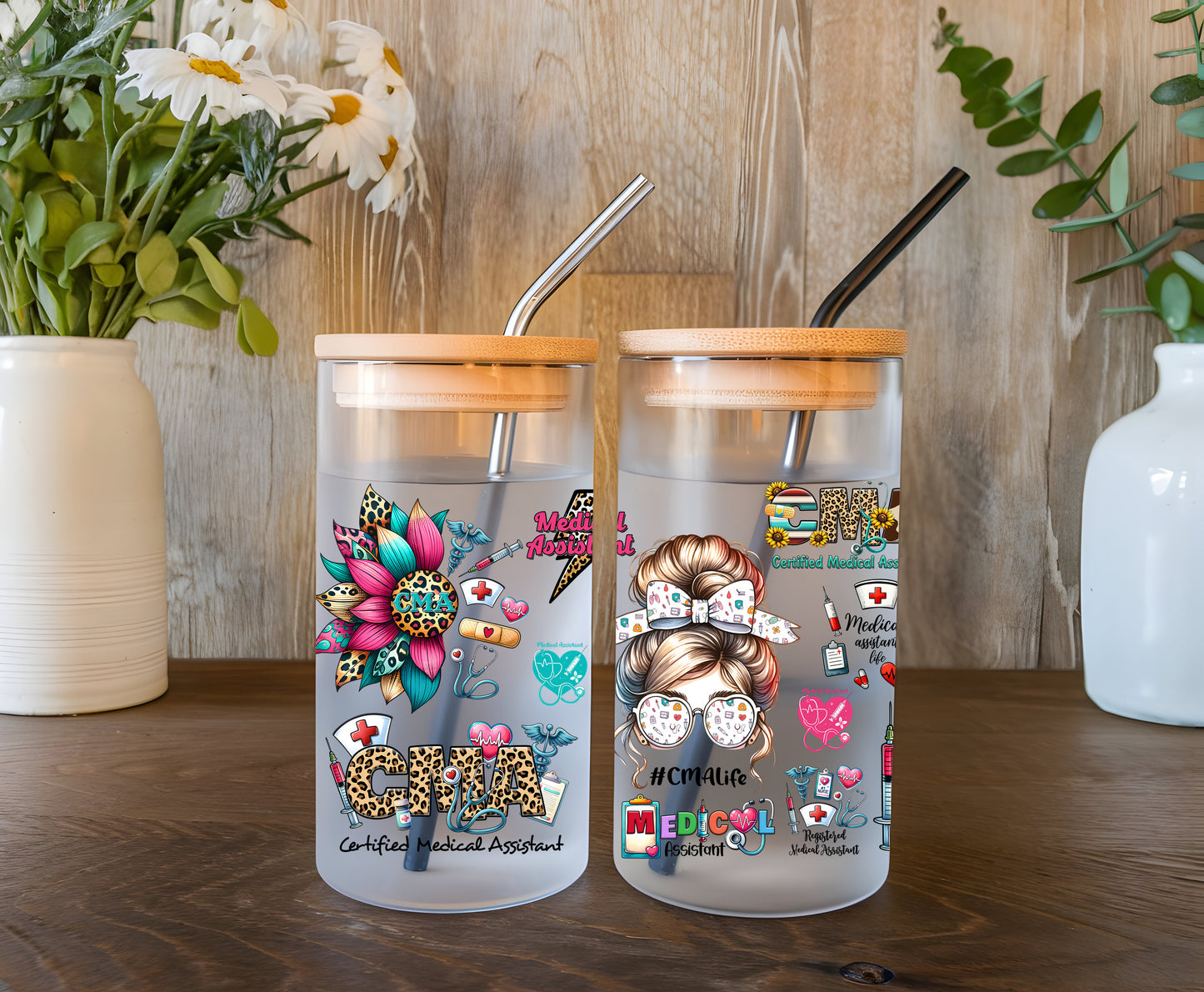 a couple of cups sitting on top of a wooden table