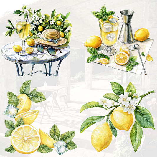 a painting of lemons and lemonade on a table