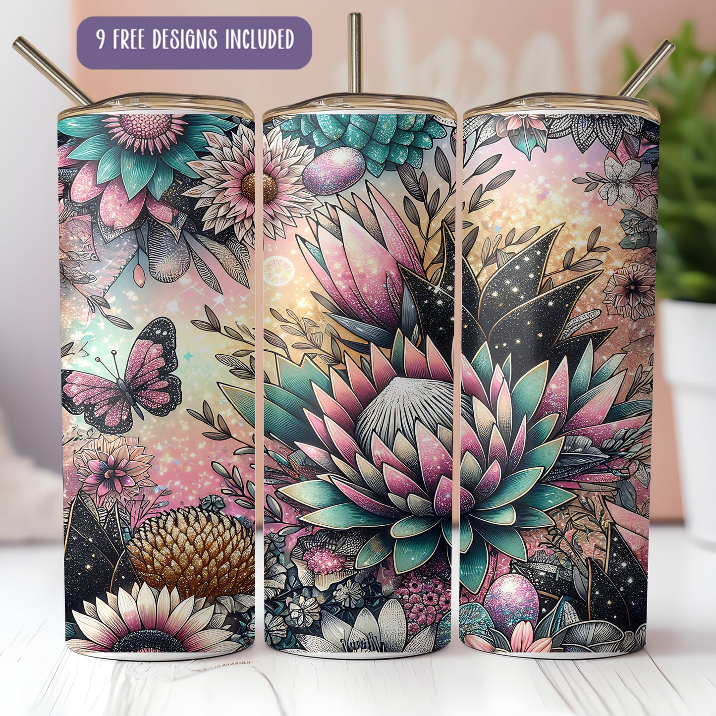a set of three floral design tumblers with a butterfly on it