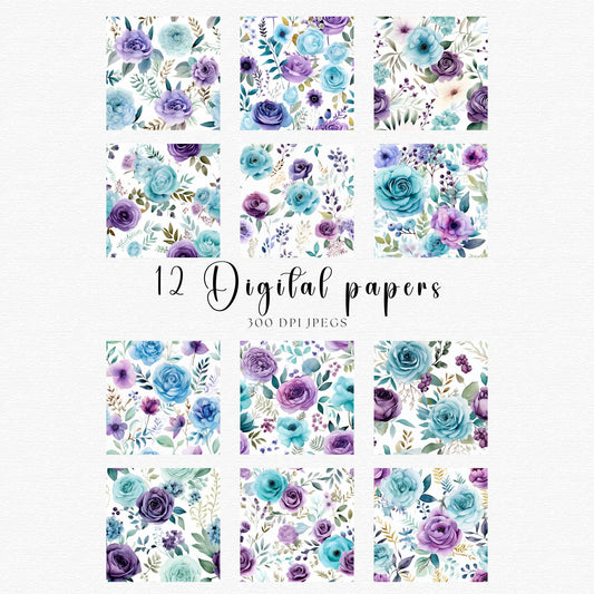Papeles digitales florales morados y verde azulado