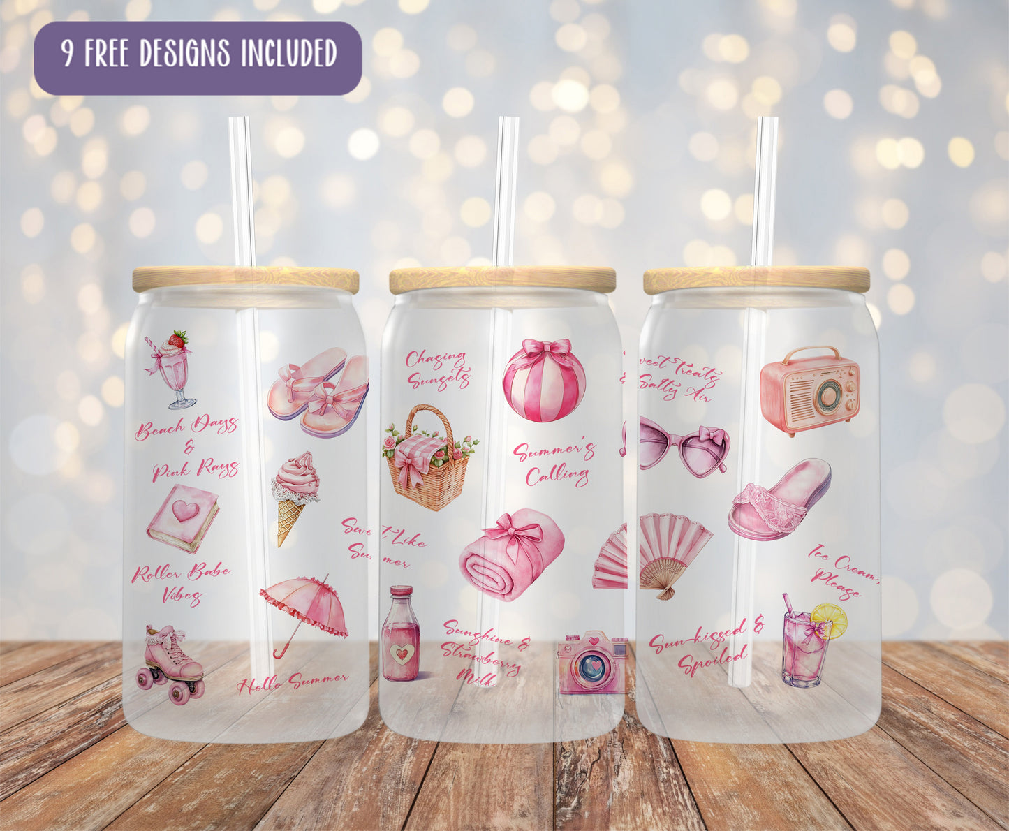 a set of three glass tumblers with different designs on them