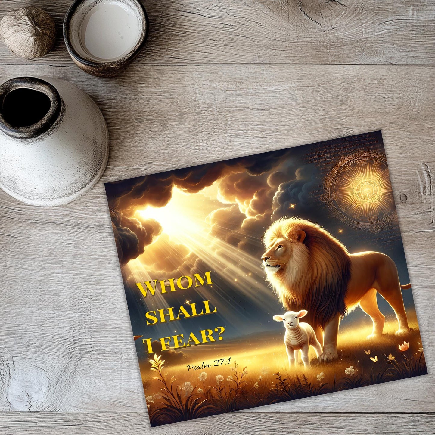 a picture of a lion and a lamb on a table