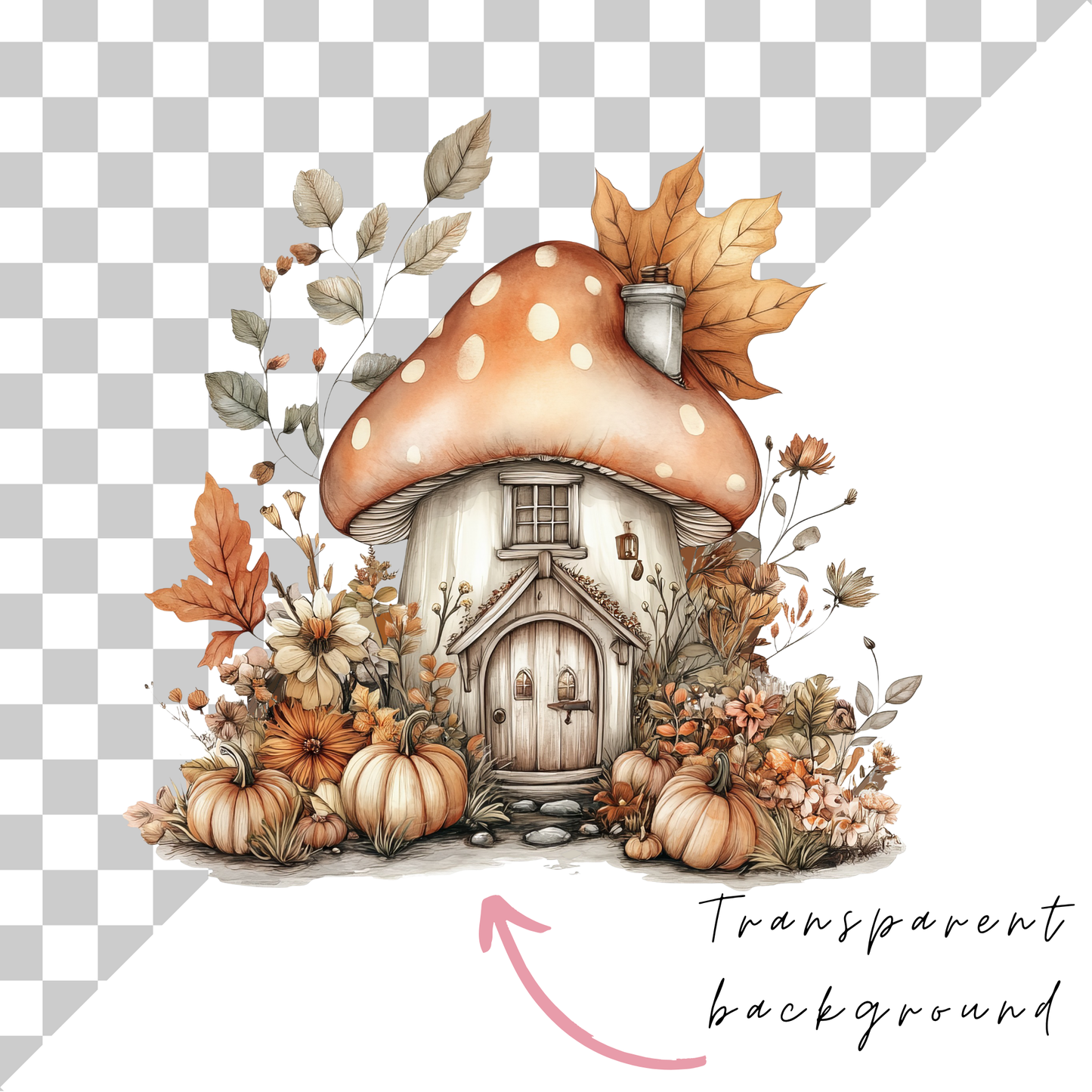 a mushroom house surrounded by leaves and pumpkins