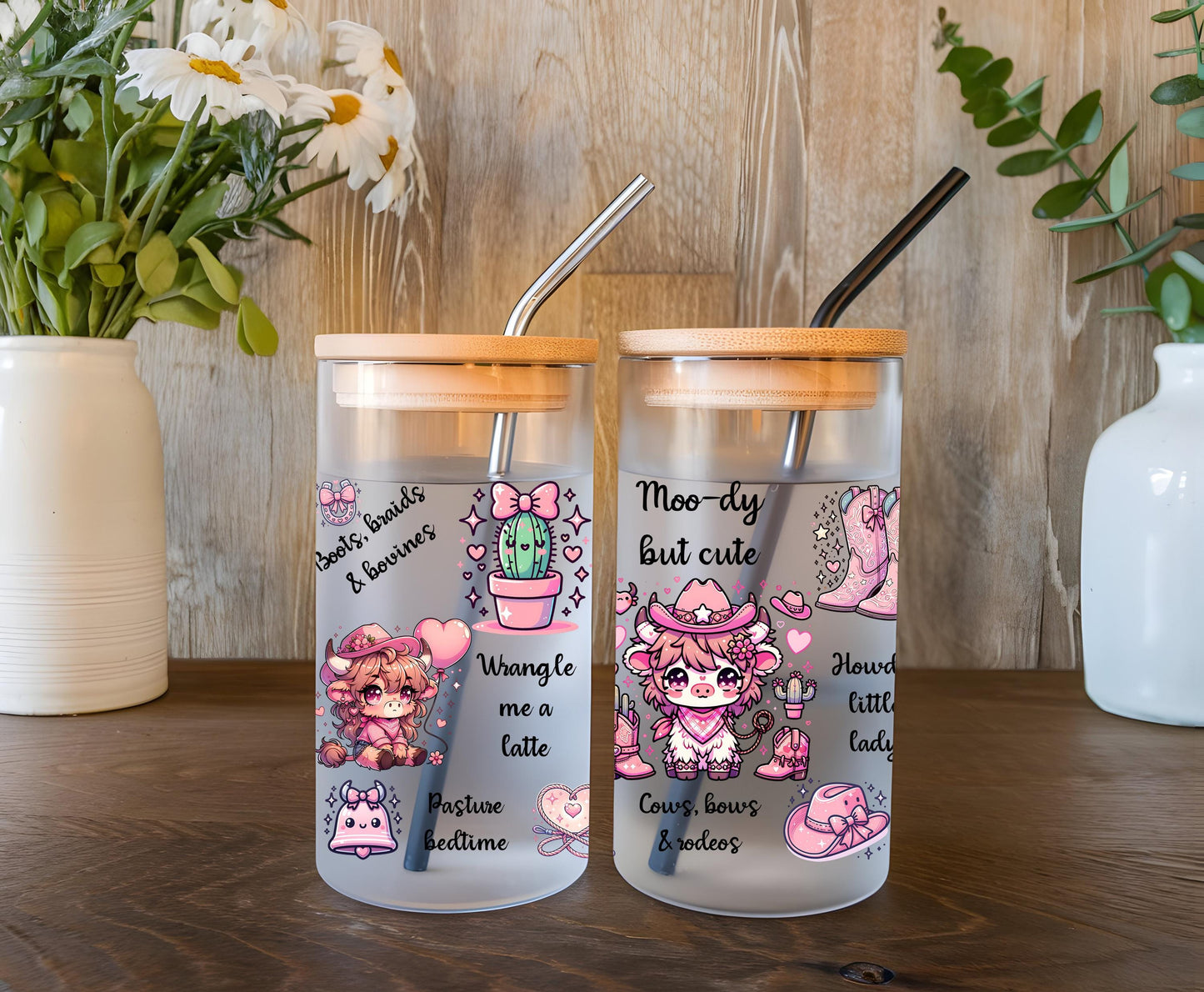 a couple of cups sitting on top of a wooden table