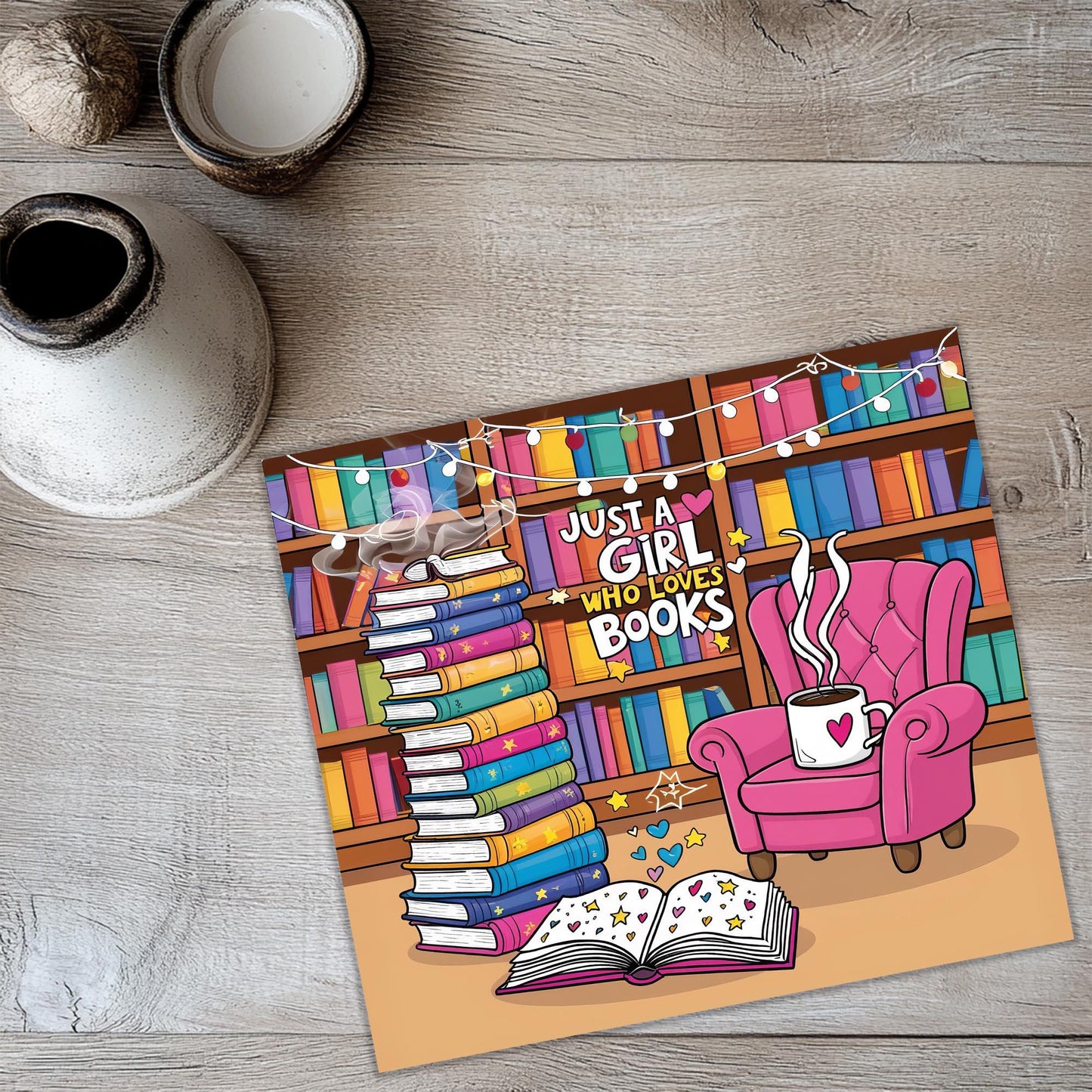 a picture of a book with a pink chair and bookshelf in the background