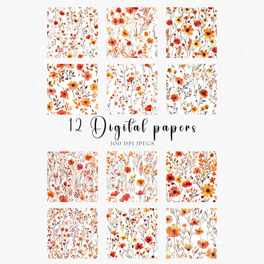 Papeles digitales de acuarela con flores silvestres de otoño