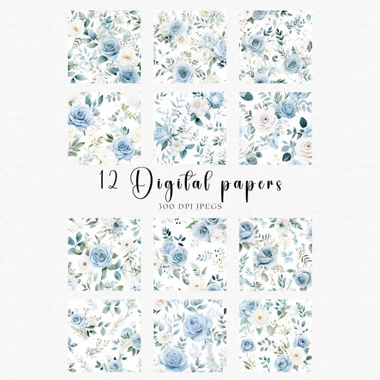 Papeles digitales florales en azul polvoriento