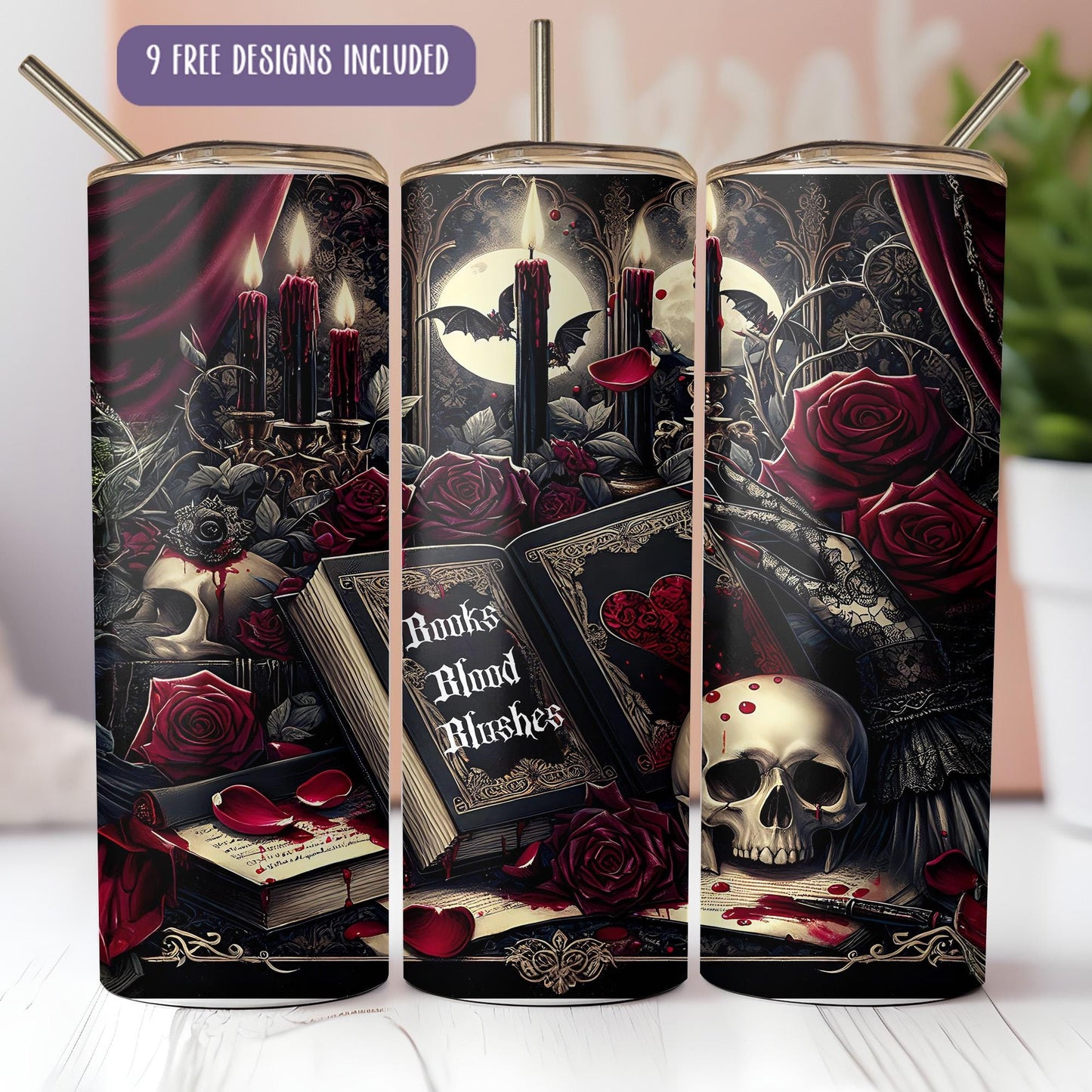a set of three can coolers with skulls and candles on them