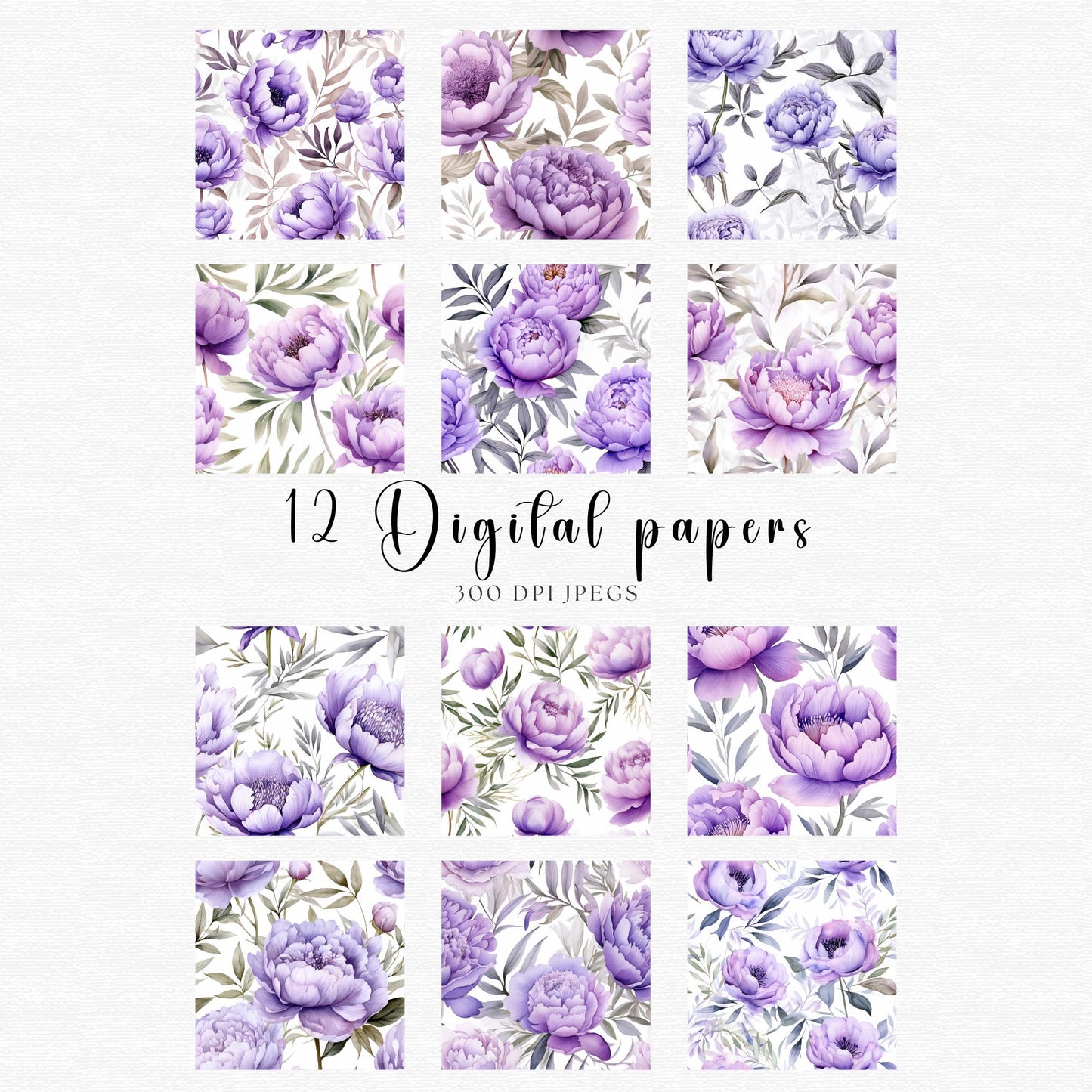 Watercolor Purple Peony Digital Papers