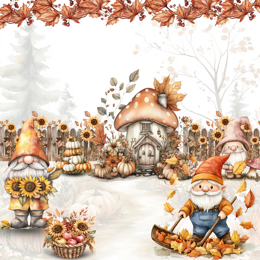 a painting of a garden with a gnome and sunflowers