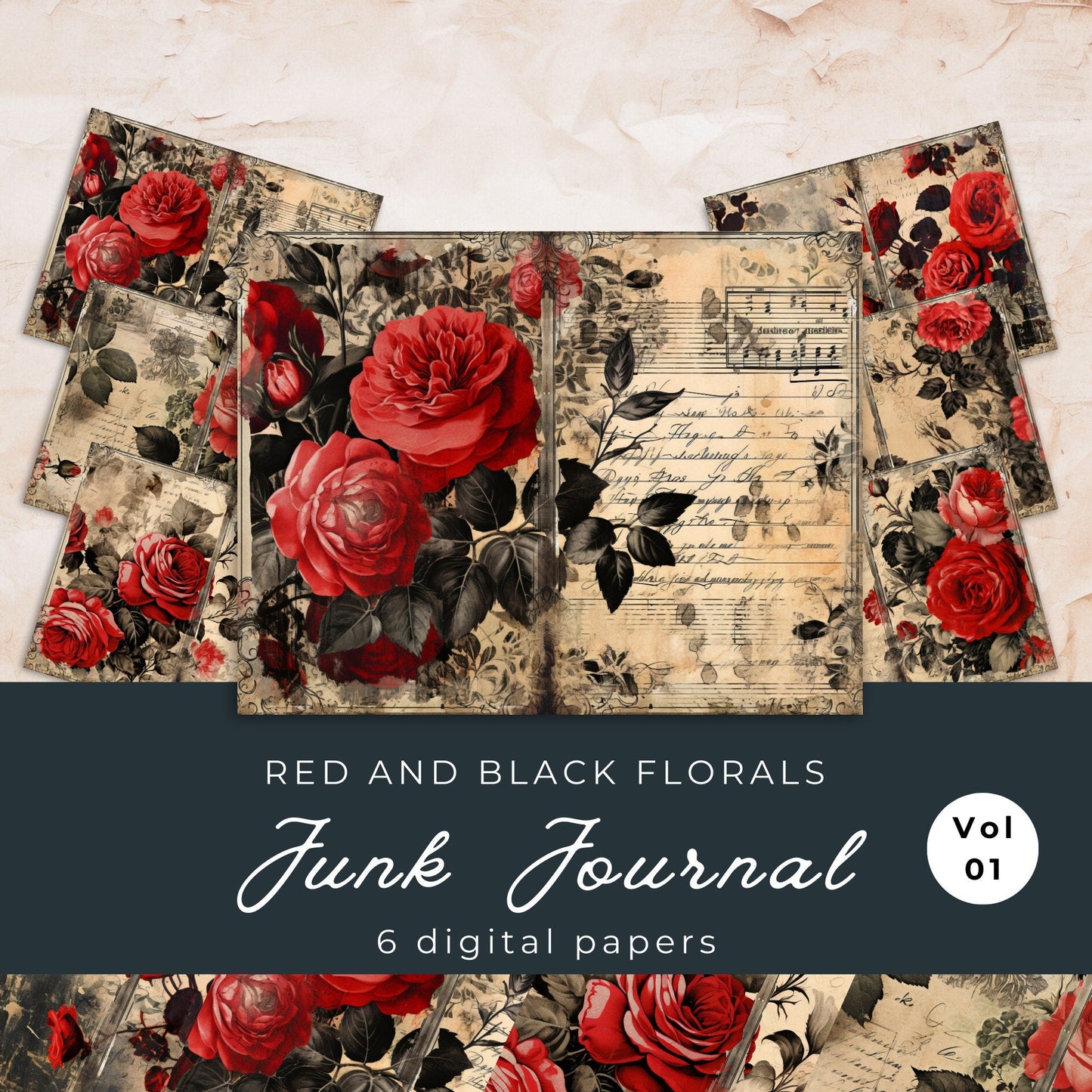 Red and Black Floral Junk Journal Pages