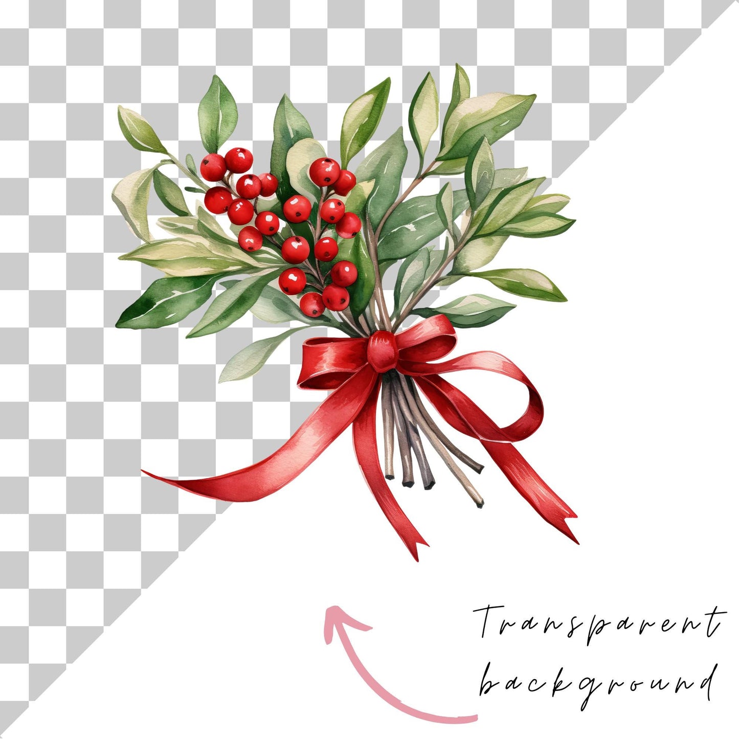 Watercolor Christmas Mistletoe Clipart Single