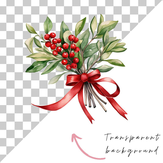 Watercolor Christmas Mistletoe Clipart Single