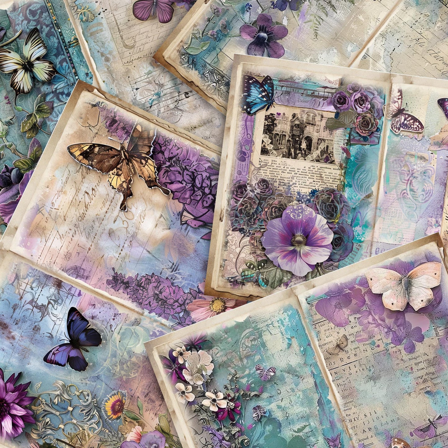 Purple and Teal Floral Junk Journal Pages Vol 2