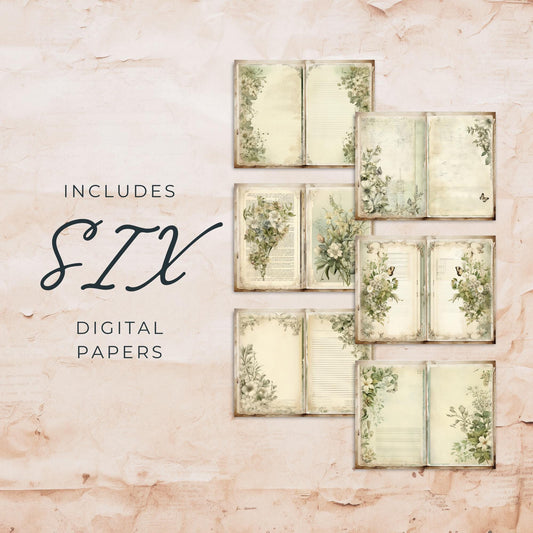 Páginas de diario basura con flores verde salvia