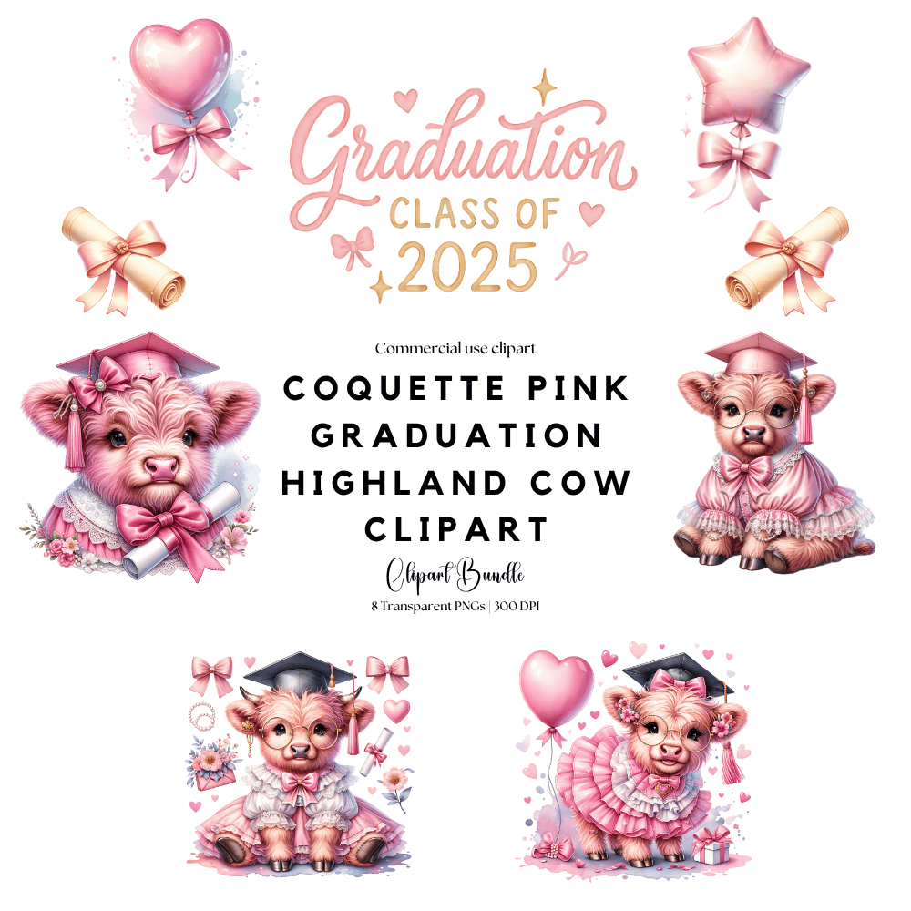 Coquette pink graduation highland cow clipart