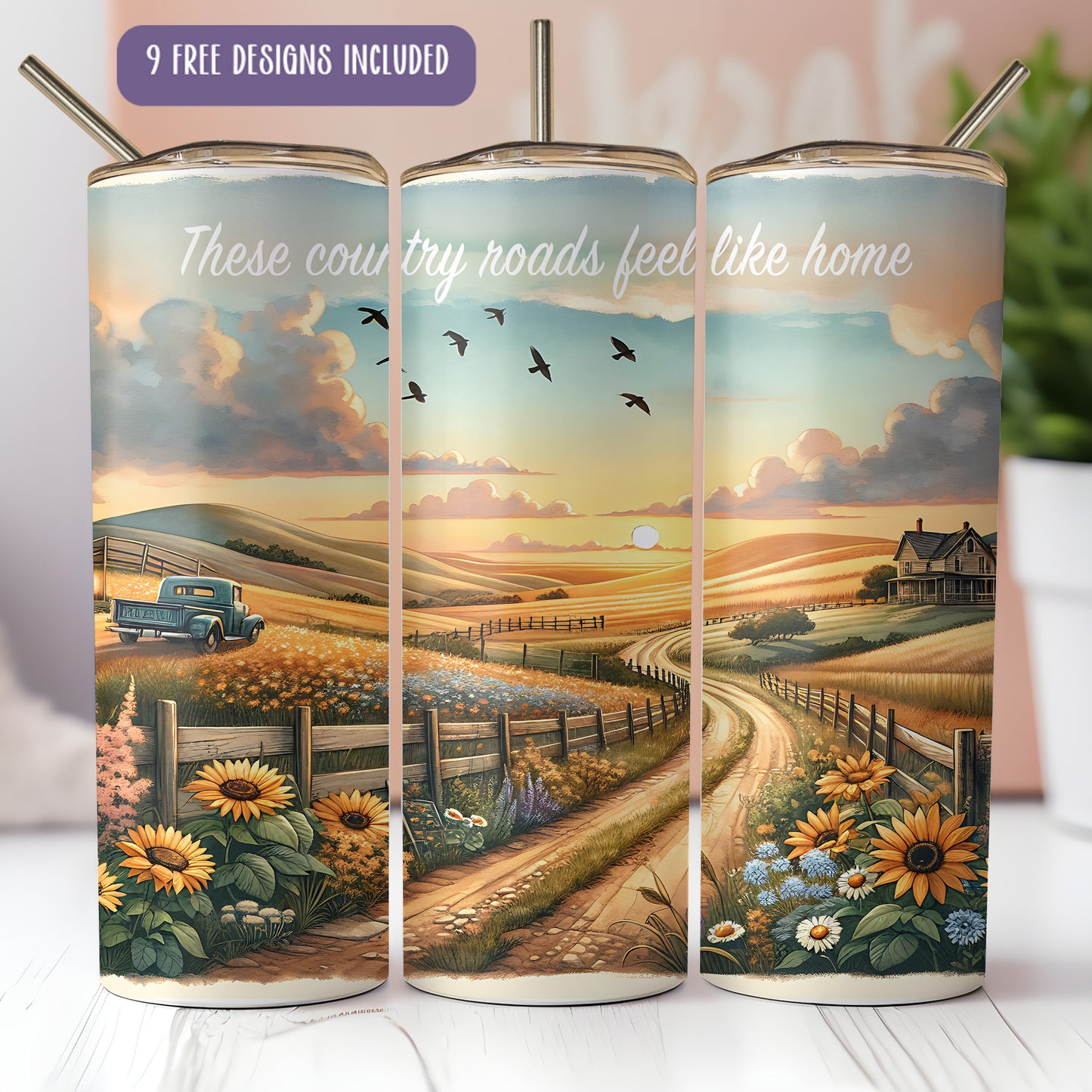 Country Roads Take Me Home Tumbler Wrap PNG | Western Sunflower Sublimation