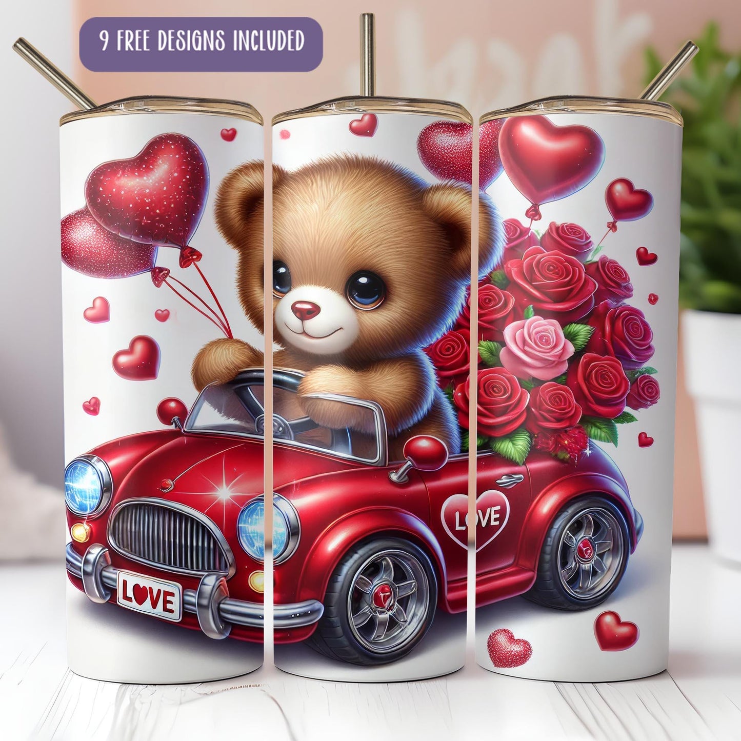 a picture of a teddy bear driving a red car