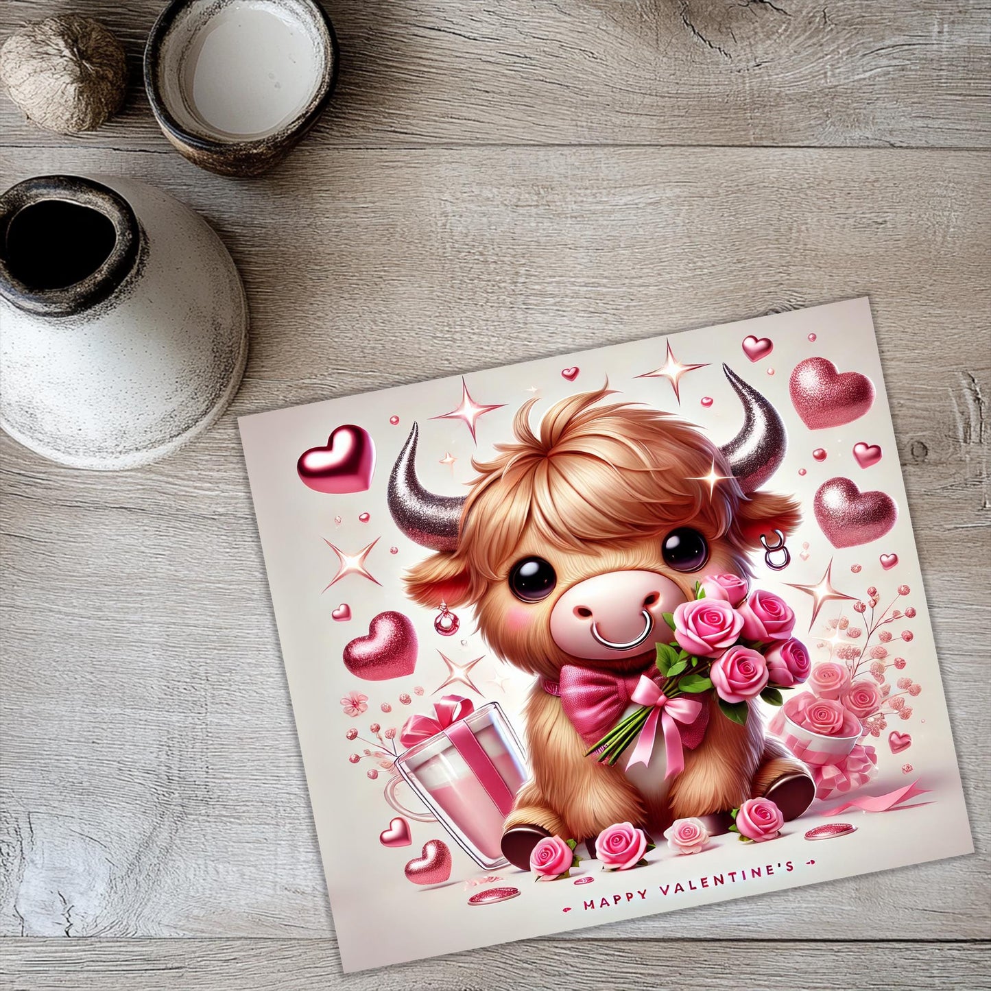 a card with a picture of a cow holding a bouquet of roses
