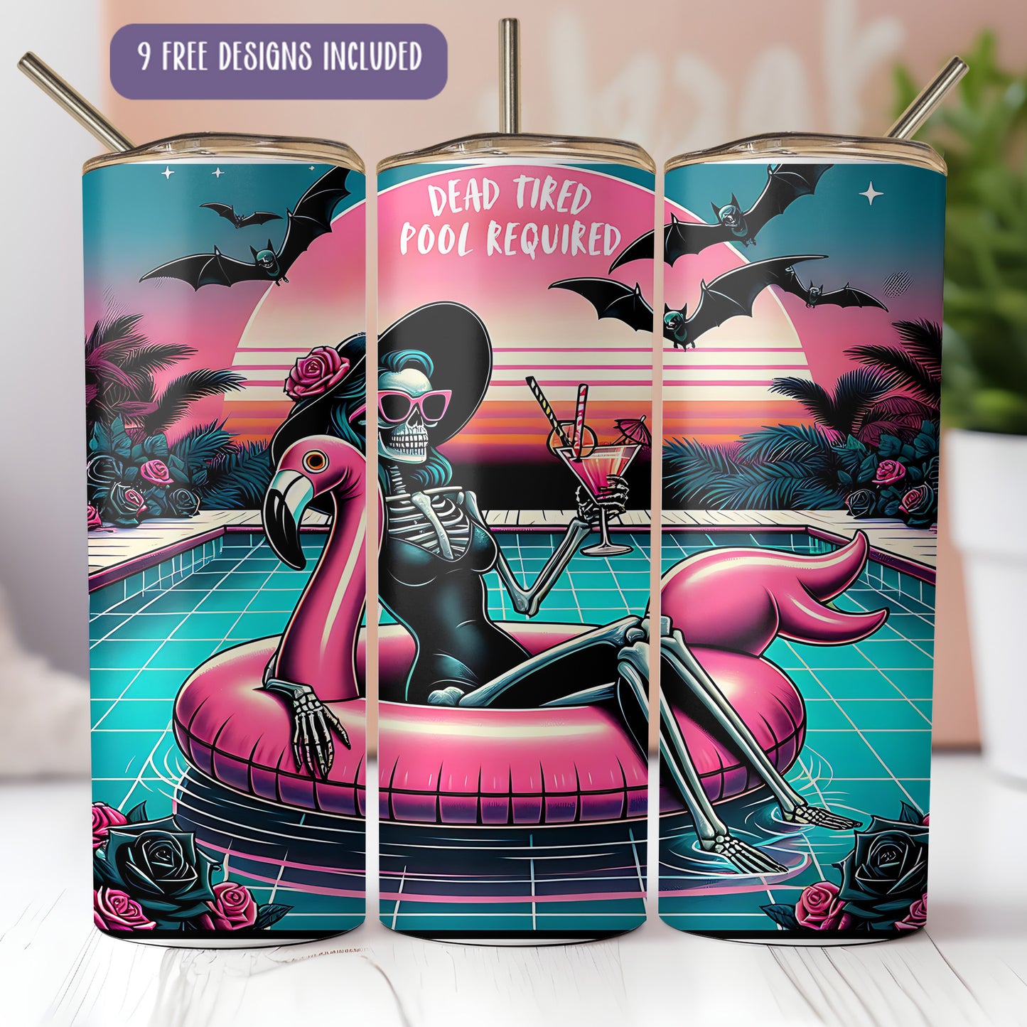 A colorful and whimsical design featuring a skeleton wearing sunglasses and a flamingo sitting on an inflatable pool float, with a sunset and bats in the background.