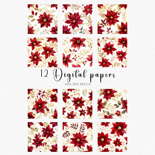 Papeles digitales florales dorados y de flor de Pascua