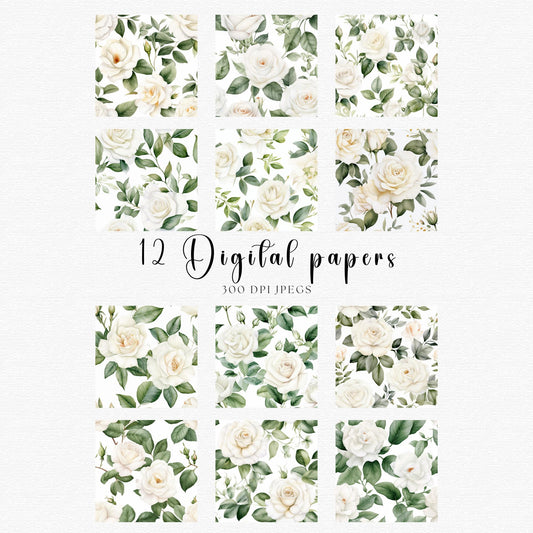 Papeles digitales de rosas blancas y vegetación
