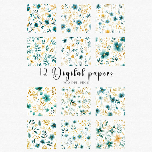 Papeles digitales florales en acuarela verde azulado y dorado