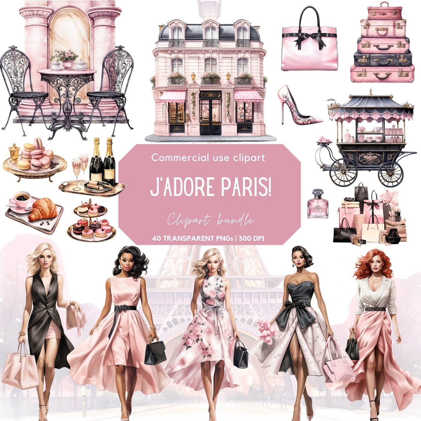 Watercolor J'adore Paris Clipart