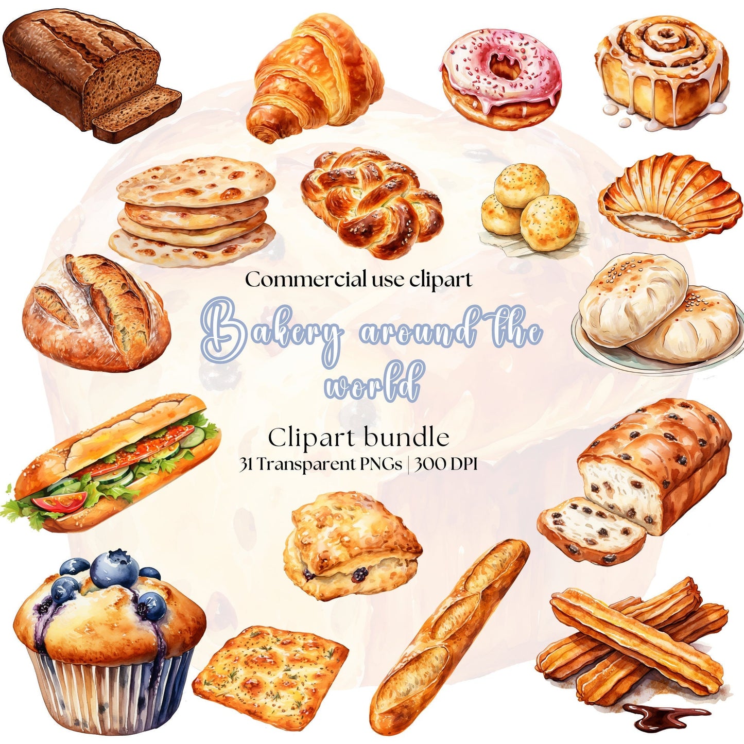 Watercolor Bakery around the world Clipart