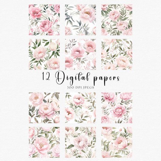 Papeles digitales florales de peonía rosa suave en acuarela
