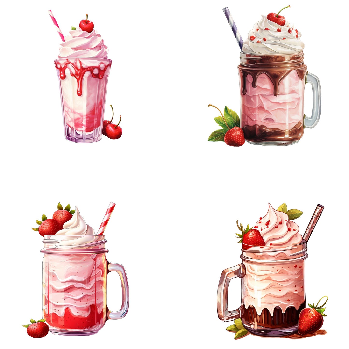 Watercolor Strawberry Milkshake Clipart