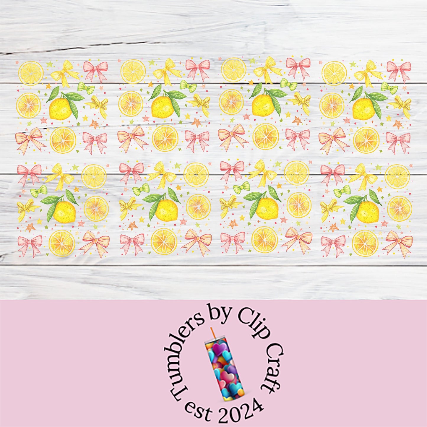 a pink and white background with lemons and bows