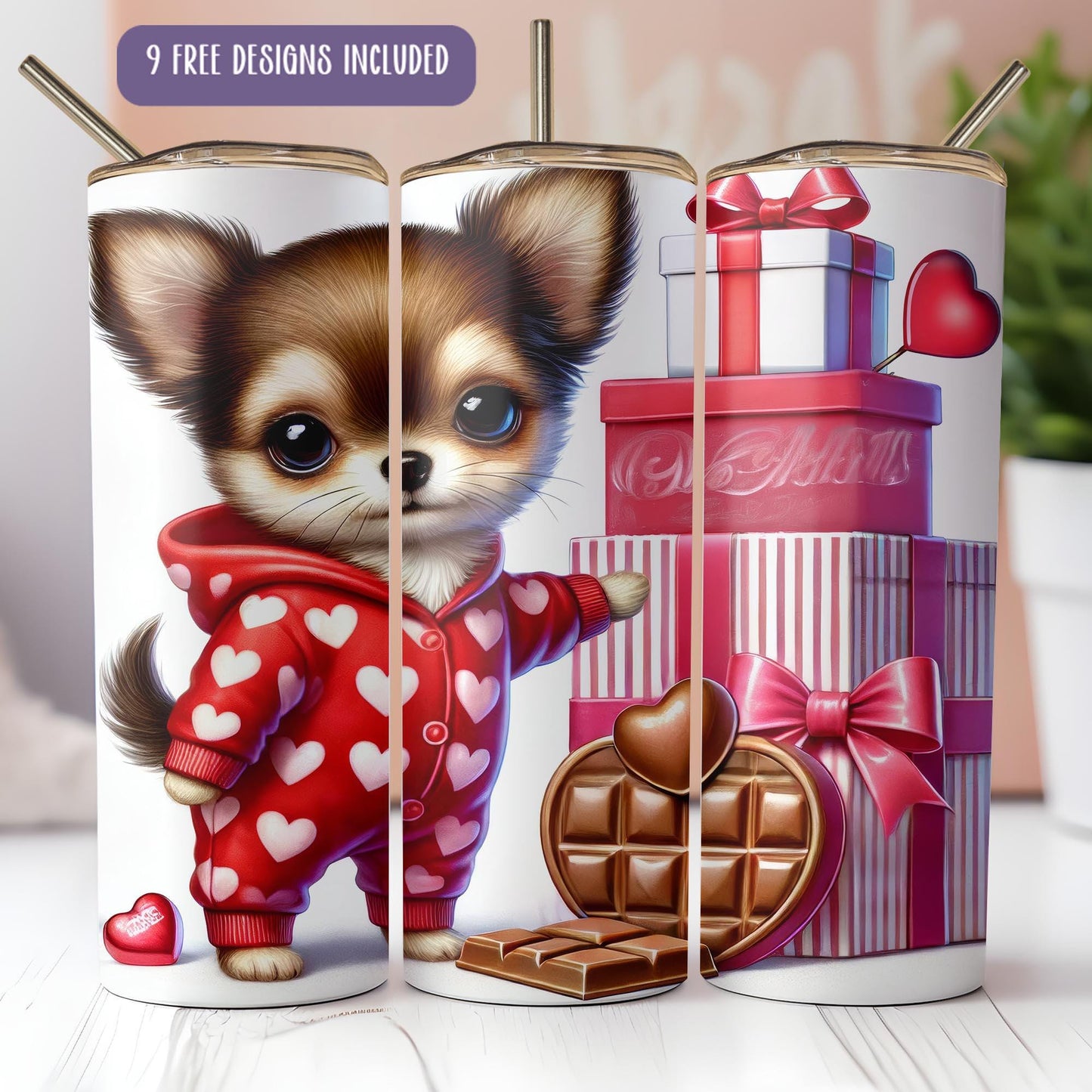 a set of two mugs with a picture of a little dog in pajamas