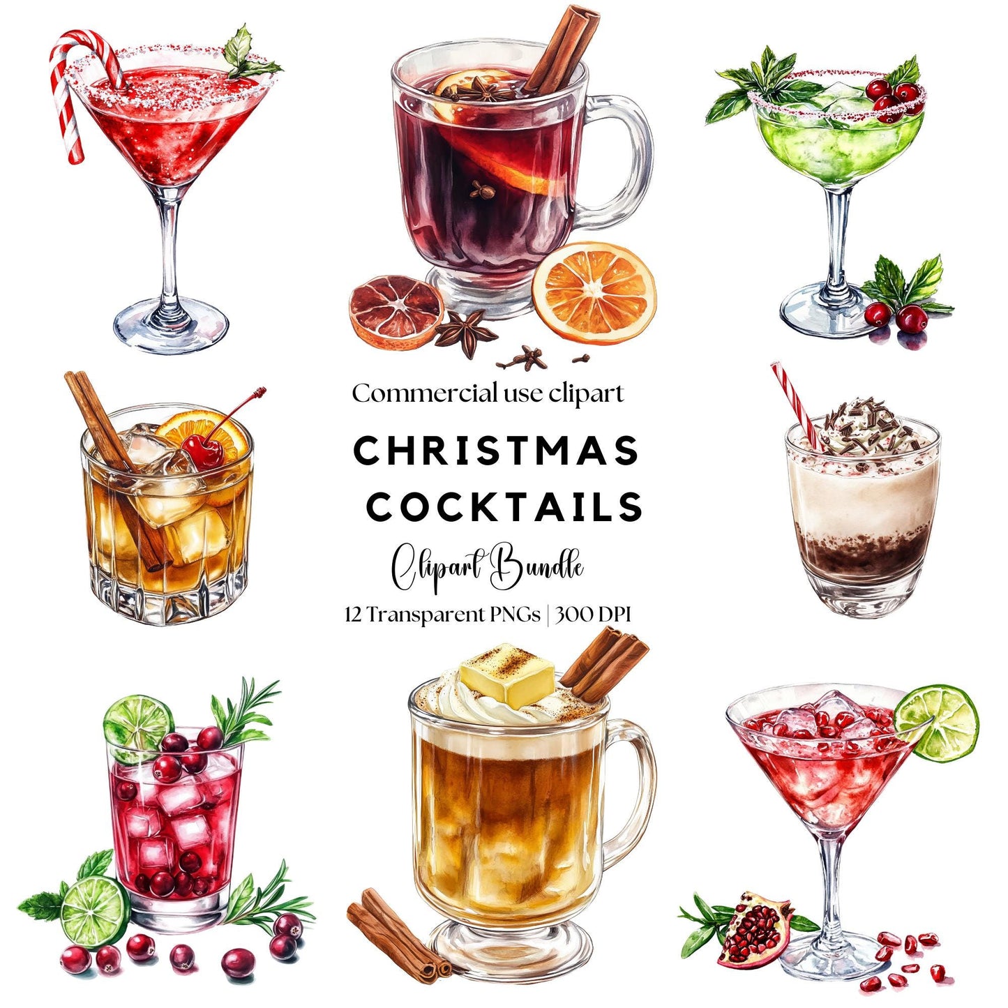 Watercolor Christmas Cocktails Clipart