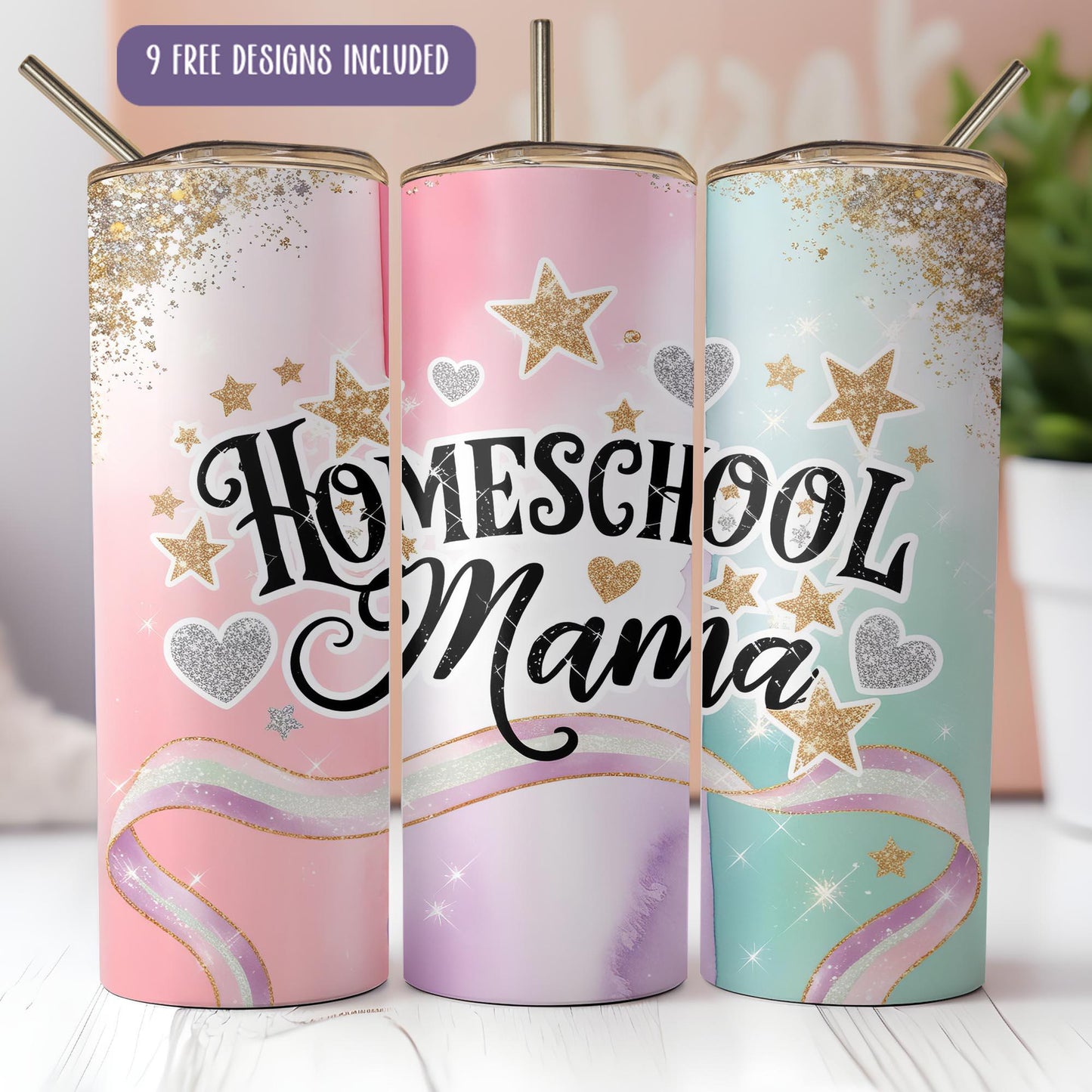 three colorful tumbles with the words homeschool mama on them