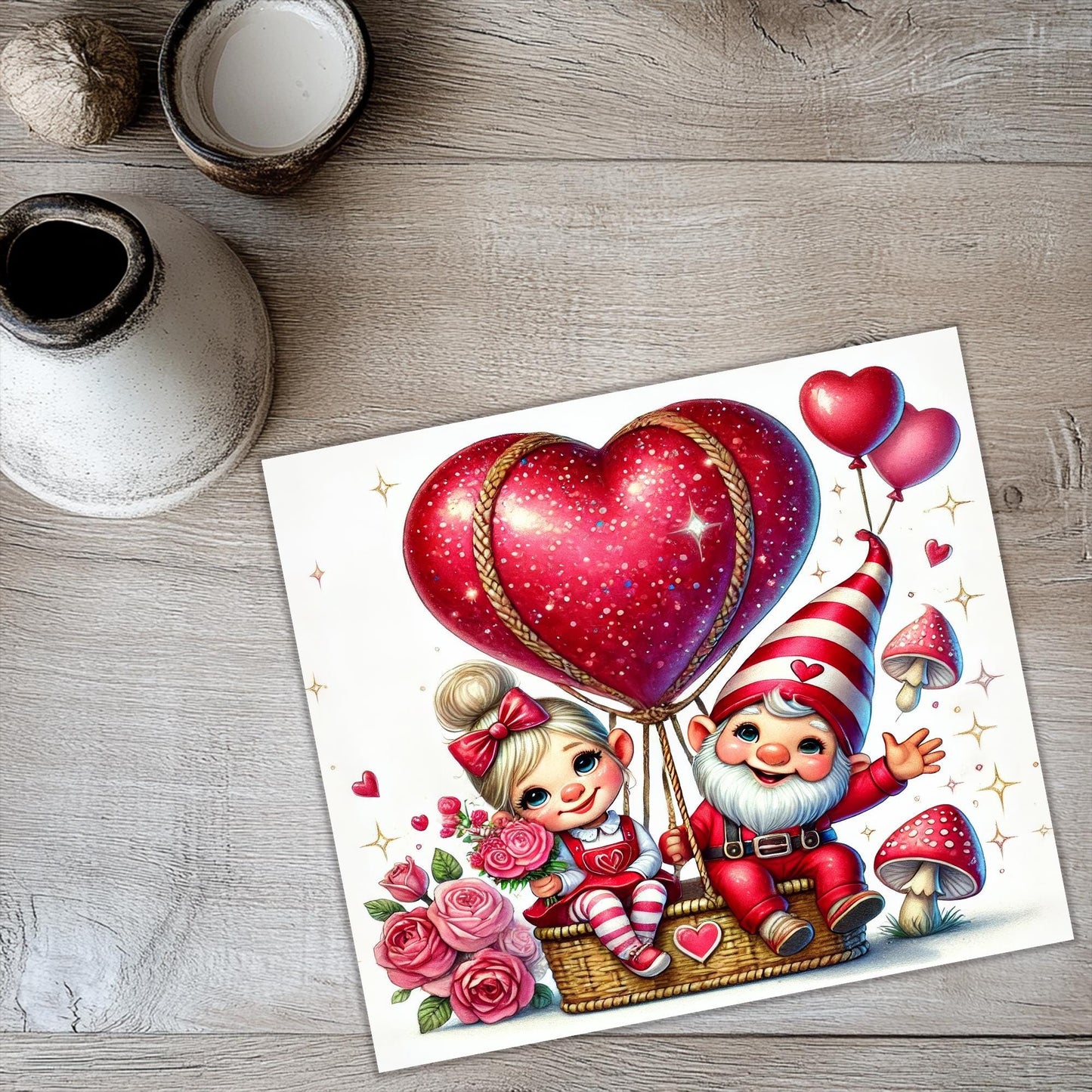 a card with a picture of two gnomes on a hot air balloon