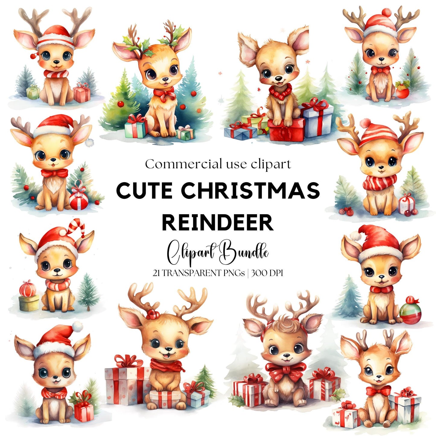 Cute Watercolor Christmas Reindeer Clipart