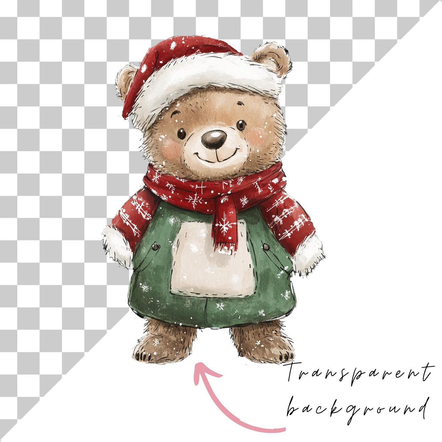Watercolor Christmas Teddy Bear Clipart