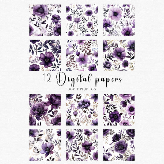 Dark Purple Floral Digital Papers
