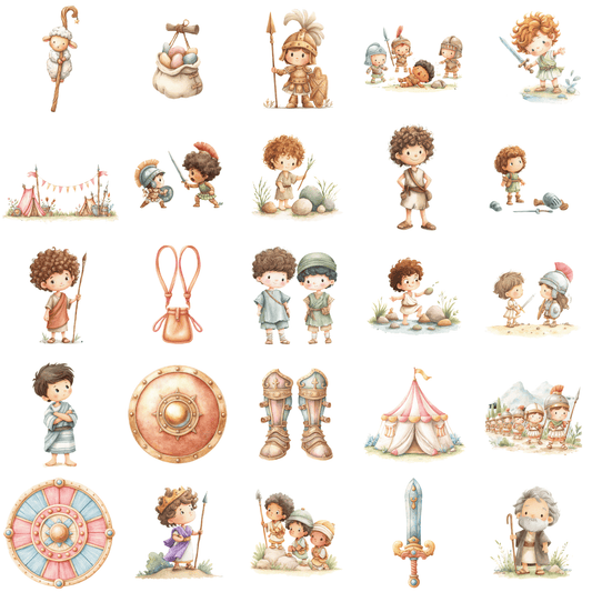 David & Goliath Kids Clipart Bundle (54 PNGs + Background, Commercial Use, Bible Story Clipart)