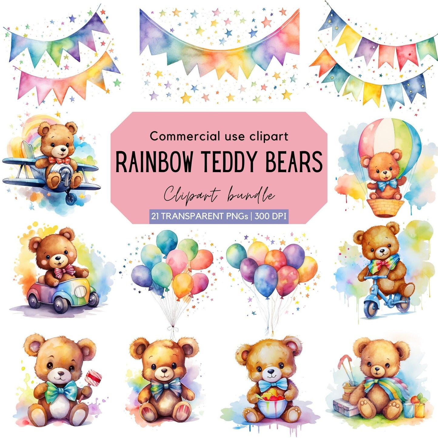 Watercolor Cute Teddy Bear Clipart