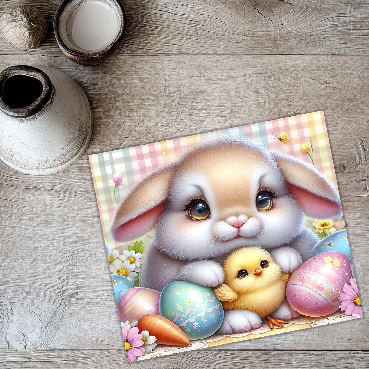 a picture of a bunny holding a chick