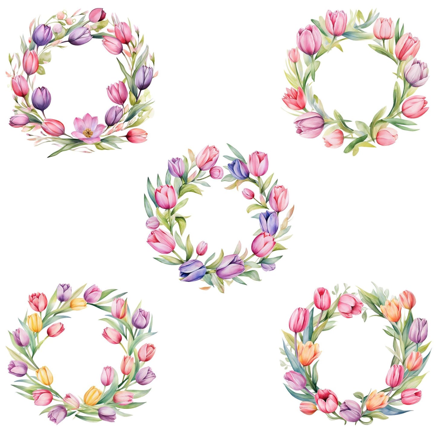 Watercolor Tulip Floral Wreath Clipart