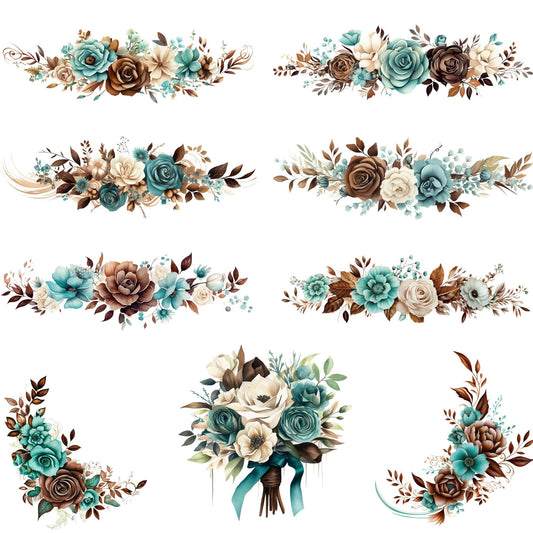 Teal and Chocolate Brown Floral Clipart