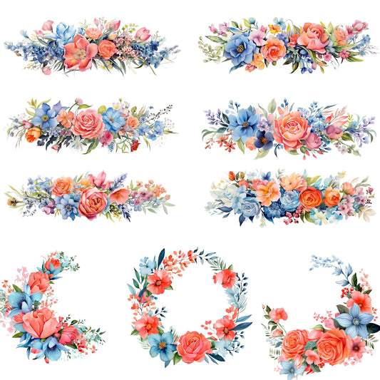 Vibrant Coral and Blue Floral Clipart