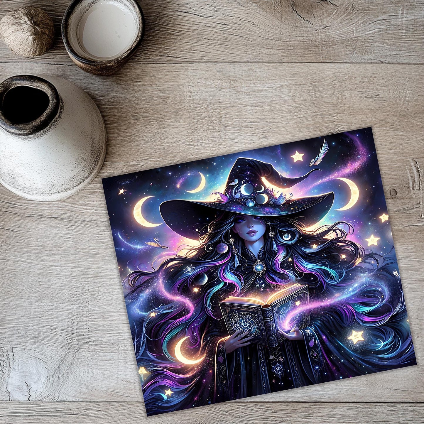 a painting of a witch reading a book